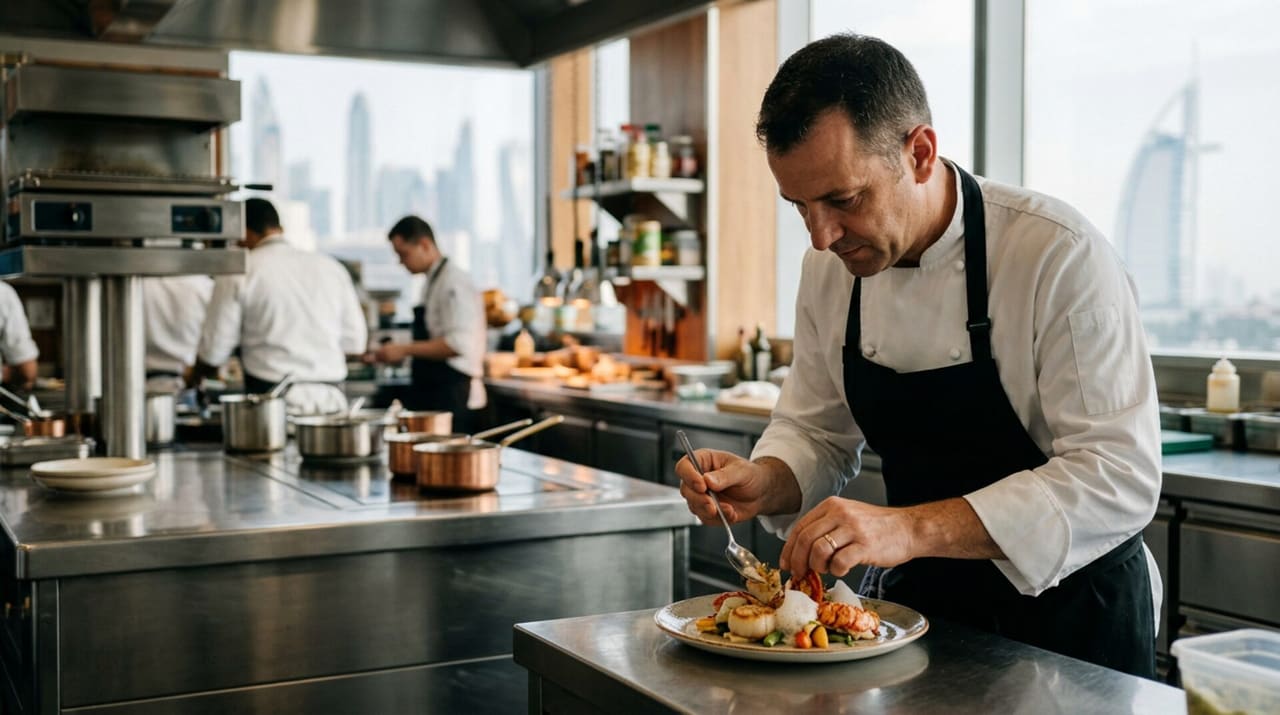 Hotel chef plating a dish in a professional kitchen overlooking Dubai