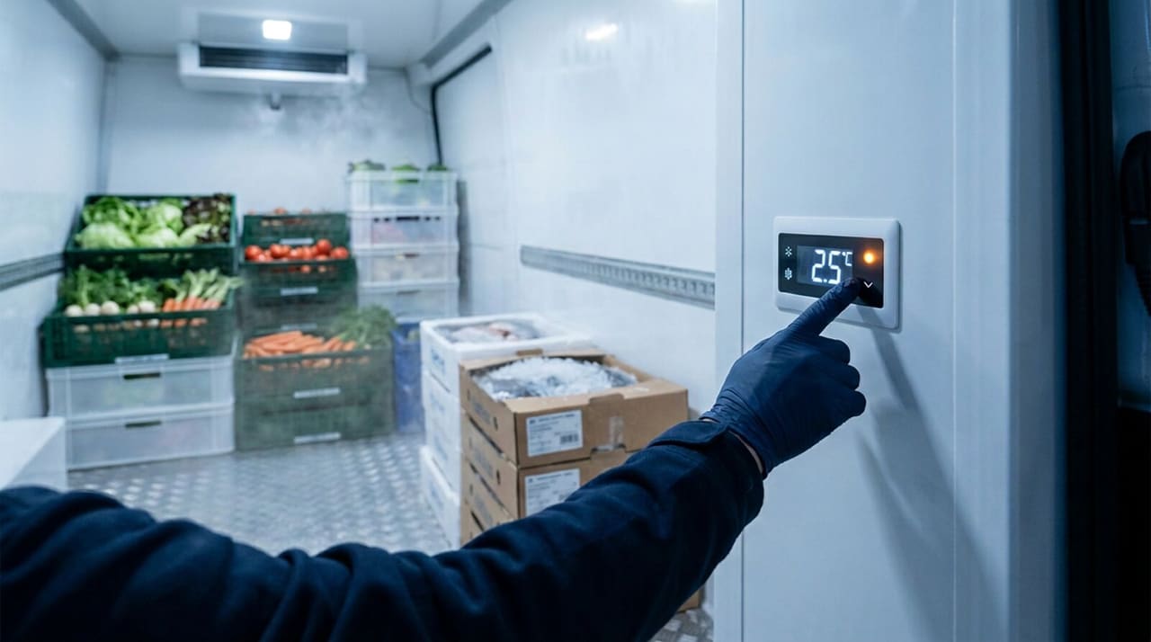 Gloved hand setting the temperature controller inside a refrigerated compartment