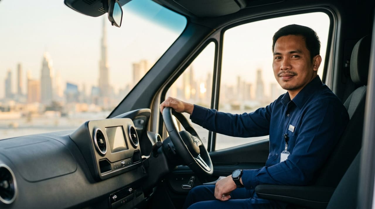 TruckWise driver in the cab at dawn with Dubai behind him