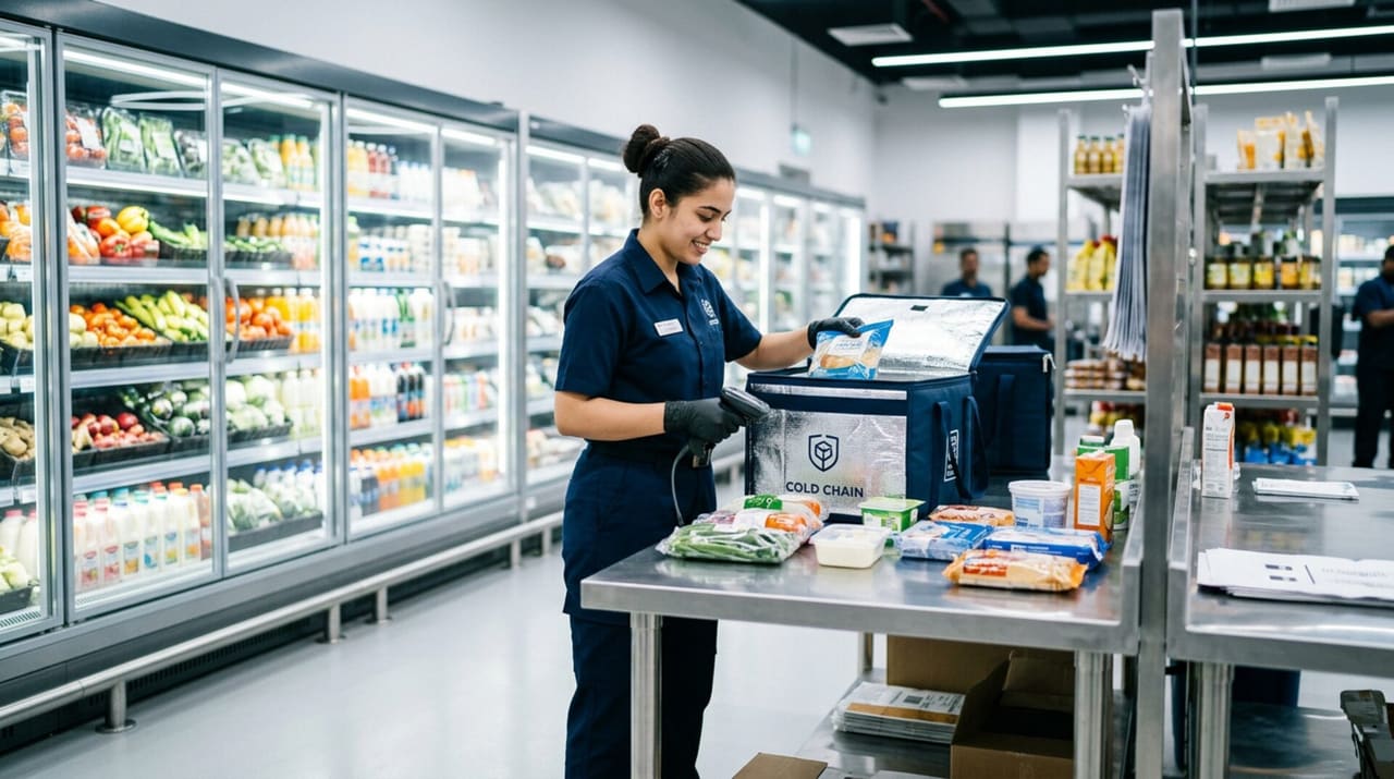 Picker packing a chilled order in a grocery dark store