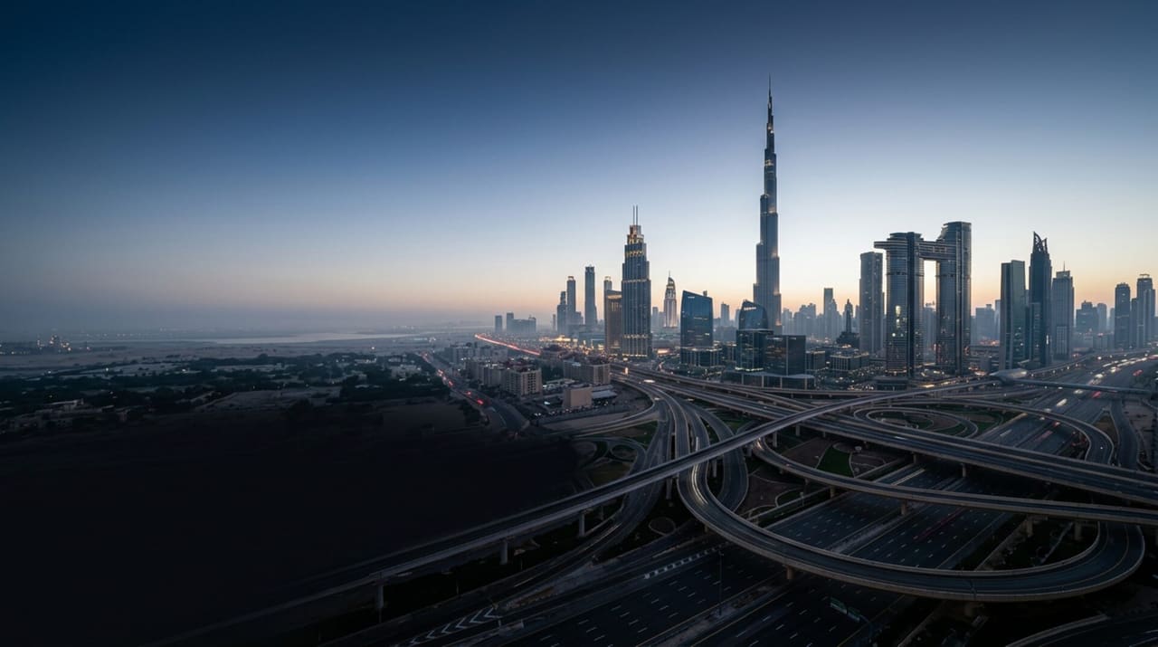 Dubai skyline at dawn above a network of highways
