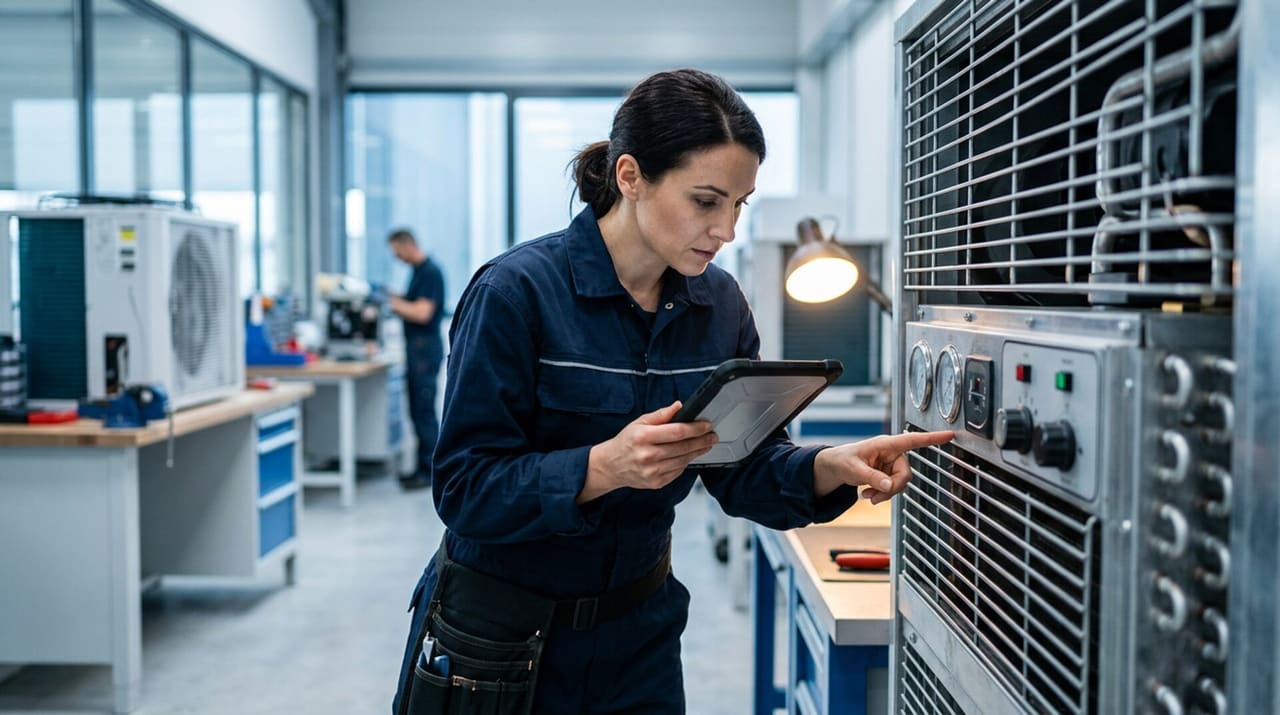 Technician inspecting a refrigeration unit with a tablet
